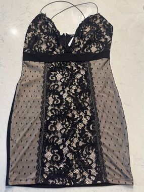 Mind Code Black Lace Overlay Nude Mini Dress